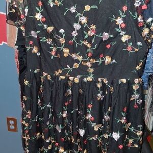 SHEIN Black Midi Dress with Vibrant Floral Design